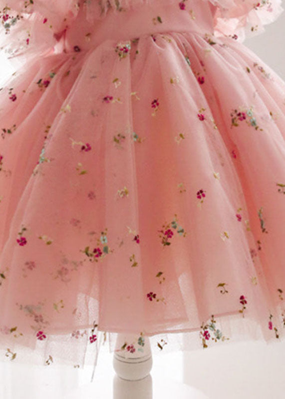 Novelty Pink Ruffled Embroideried Floral Tulle Girls Long Dress Puff Sleeve