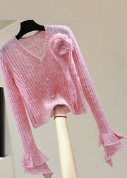 Novelty Pink Ruffled Floral Nail Bead Cotton Knit Sweater Spring