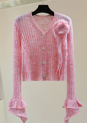 Novelty Pink Ruffled Floral Nail Bead Cotton Knit Sweater Spring