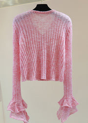 Novelty Pink Ruffled Floral Nail Bead Cotton Knit Sweater Spring