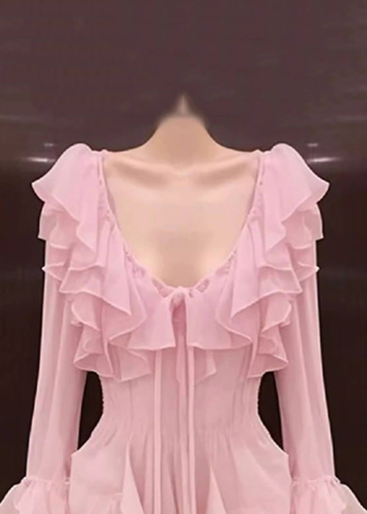 Novelty Pink Ruffled Lace Up Chiffon Mid Dress Long Sleeve
