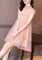 Novelty Pink Ruffled Patchwork Nail bead Tulle Mid Dress Summer