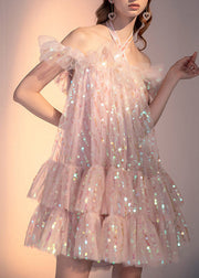 Novelty Pink Slash Neck Sequins Tulle Layered Mid Dress Short Sleeve