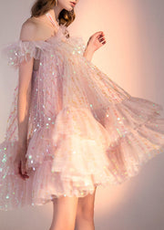 Novelty Pink Slash Neck Sequins Tulle Layered Mid Dress Short Sleeve