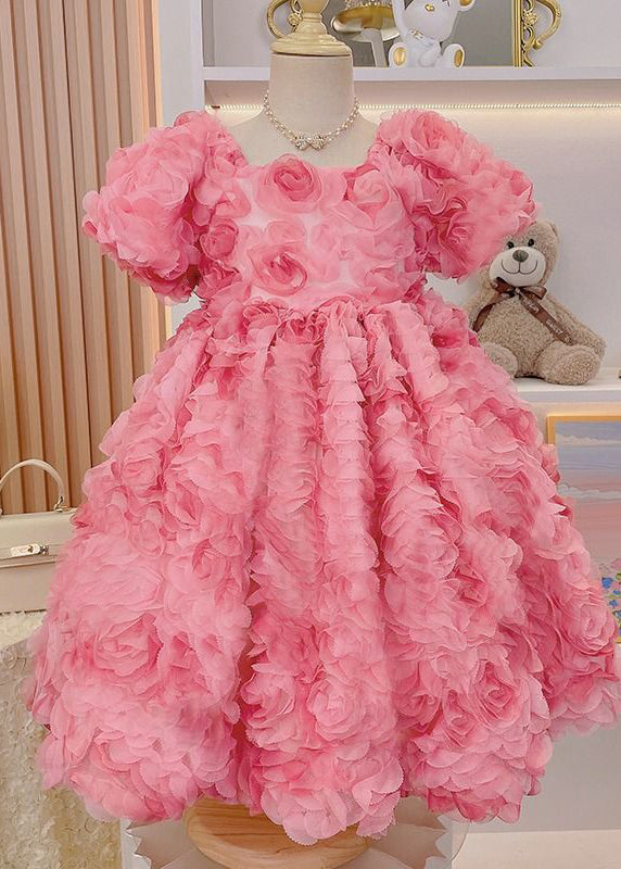 Novelty Pink Square Collar Floral Patchwork Tulle Girls Long Dress Short Sleeve