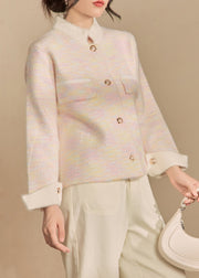 Novelty Pink Stand Collar Button Knit Coats Winter