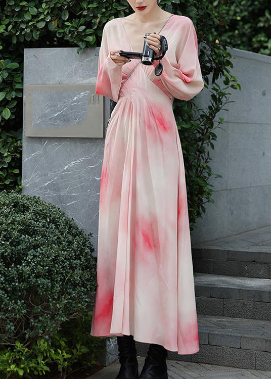 Novelty Pink V Neck Print Chiffon Long Dresses Spring