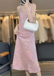 Novelty Pink V Neck Sequins Spaghetti Strap Dress Sleeveless