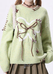 Novelty Plus Size Green O Neck Lace Up Knit Sweaters Spring