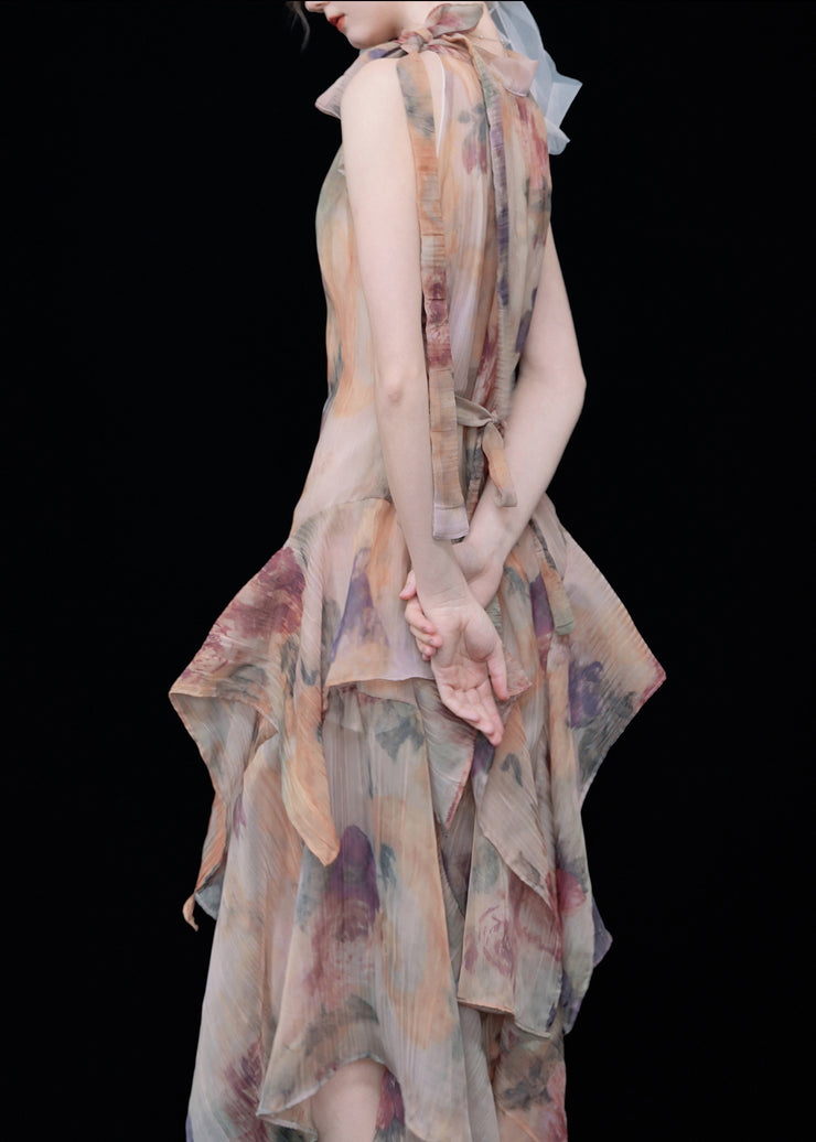 Novelty Print Ruffled Lace Up Cotton Long Dresses Sleeveless