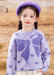 Novelty Purple O-Neck Print Cotton Knit Girls Sweater Winter