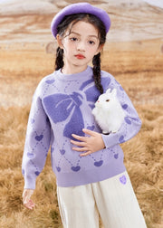 Novelty Purple O-Neck Print Cotton Knit Girls Sweater Winter