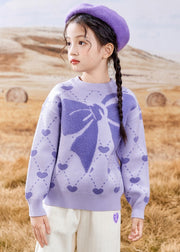 Novelty Purple O-Neck Print Cotton Knit Girls Sweater Spring