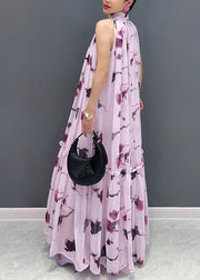 Novelty Purple Ruffled Print Chiffon Dresses Sleeveless