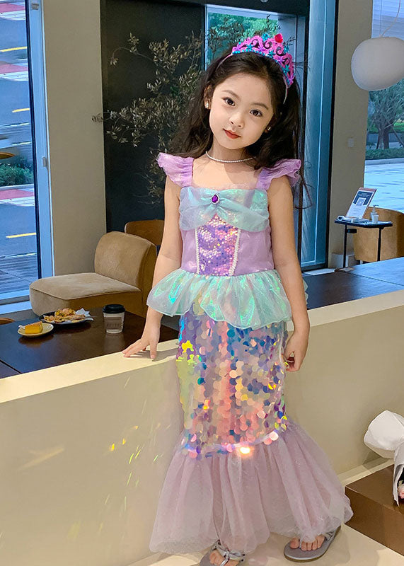 Novelty Purple Square Collar Sequins Tulle Kids Mermaid Maxi Dress Short Sleeve