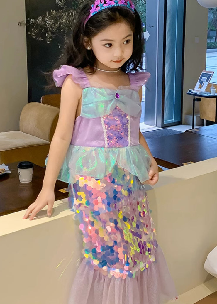 Novelty Purple Square Collar Sequins Tulle Kids Mermaid Maxi Dress Short Sleeve