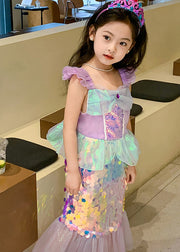 Novelty Purple Square Collar Sequins Tulle Kids Mermaid Maxi Dress Short Sleeve