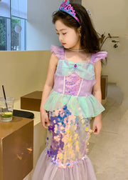 Novelty Purple Square Collar Sequins Tulle Kids Mermaid Maxi Dress Short Sleeve