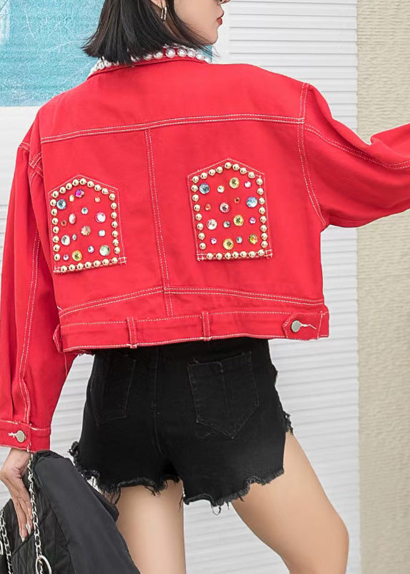 Novelty Red Peter Pan Collar Nail Bead Button Denim Coats Long Sleeve