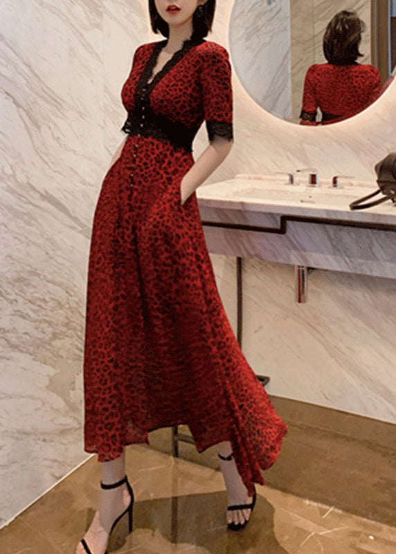 Novelty Red Print Lace Patchwork Vacation Chiffon Long Dresses Short Sleeve