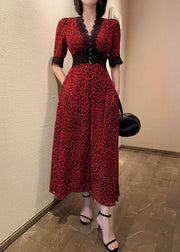 Novelty Red Print Lace Patchwork Vacation Chiffon Long Dresses Short Sleeve