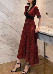 Novelty Red Print Lace Patchwork Vacation Chiffon Long Dresses Short Sleeve