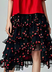 Novelty Red Ruffled Print Chiffon Patchwork Cotton Two Pieces Set Summer