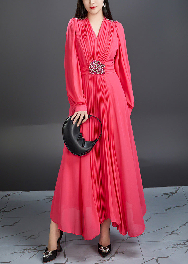 Novelty Red V Neck Wrinkled Chiffon Long Dress Fall