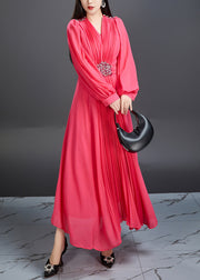 Novelty Red V Neck Wrinkled Chiffon Long Dress Fall