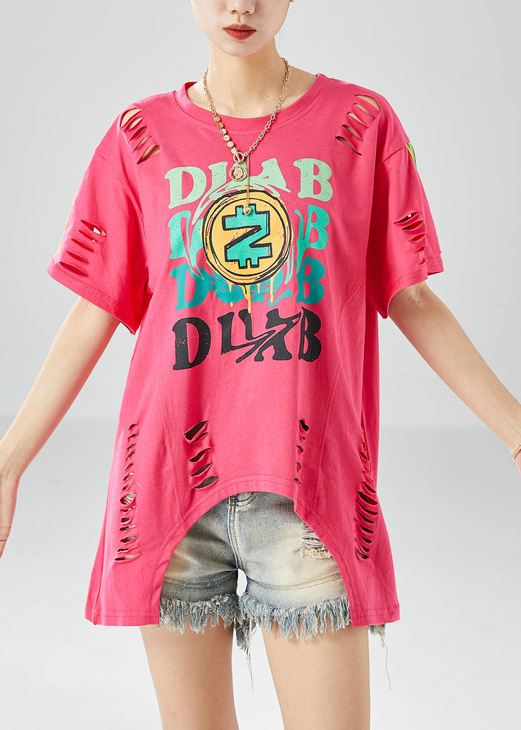 Novelty Rose Hollow Out Print Cotton Ripped Tops Summer