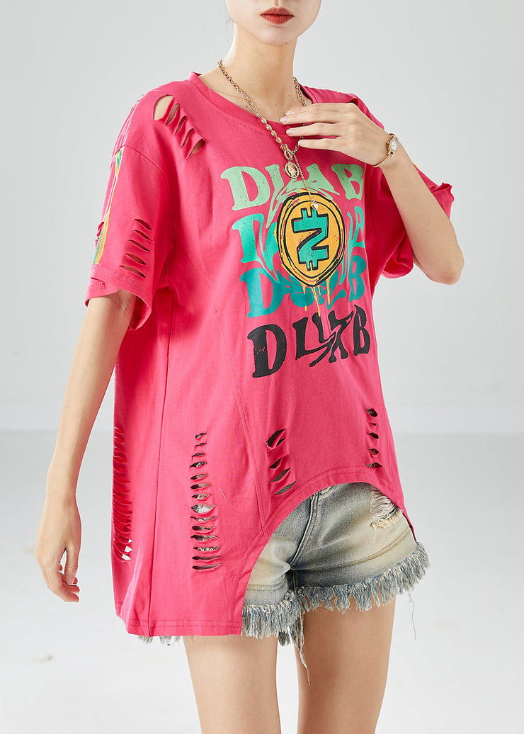 Novelty Rose Hollow Out Print Cotton Ripped Tops Summer