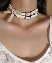 Novelty White Leather Patchwork Stainless Steel Bow Choker