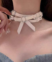 Novelty White Leather Patchwork Stainless Steel Bow Choker