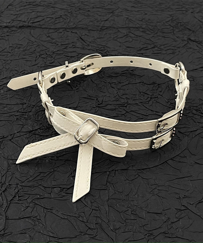 Novelty White Leather Patchwork Stainless Steel Bow Choker