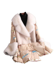 Novelty White Notched Print Wool Patchwork Button Duck Down Down Coat Winter