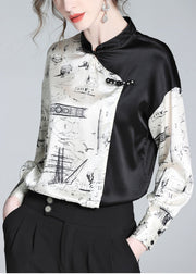 Novelty White Patchwork Black Stand Collar Button Silk Shirts Long Sleeve