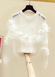 Novelty White Patchwork Nail Bead Floral Knit Sweaters Fall