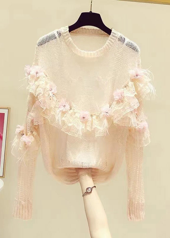 Novelty White Patchwork Nail Bead Floral Knit Sweaters Fall