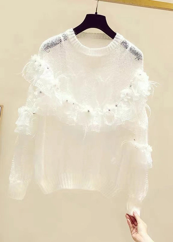 Novelty White Patchwork Nail Bead Floral Knit Sweaters Fall