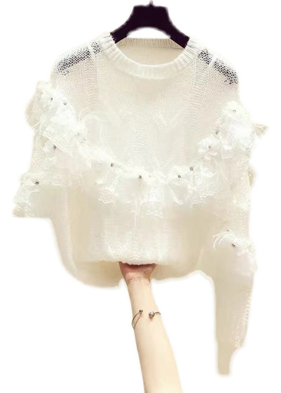 Novelty White Patchwork Nail Bead Floral Knit Sweaters Fall