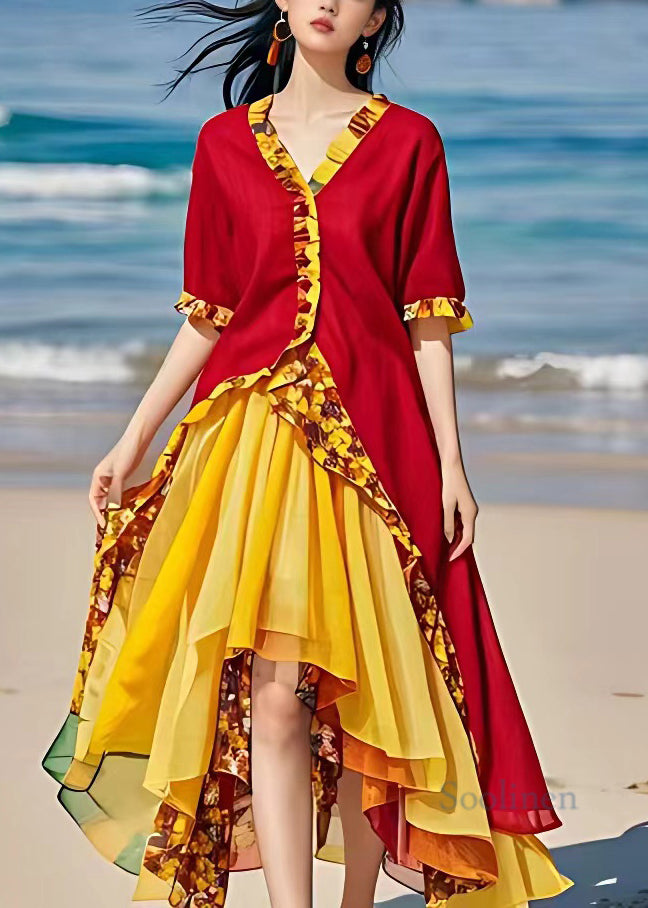 Novelty Yellow Patchwork Chiffon Long Dresses Short Sleeve