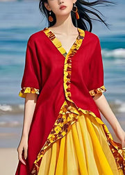 Novelty Yellow Patchwork Chiffon Long Dresses Short Sleeve