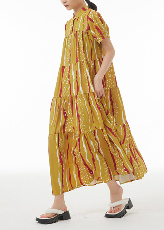 Novelty Yellow Print Patchwork Button Maxi Dresses Summer