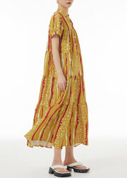 Novelty Yellow Print Patchwork Button Maxi Dresses Summer