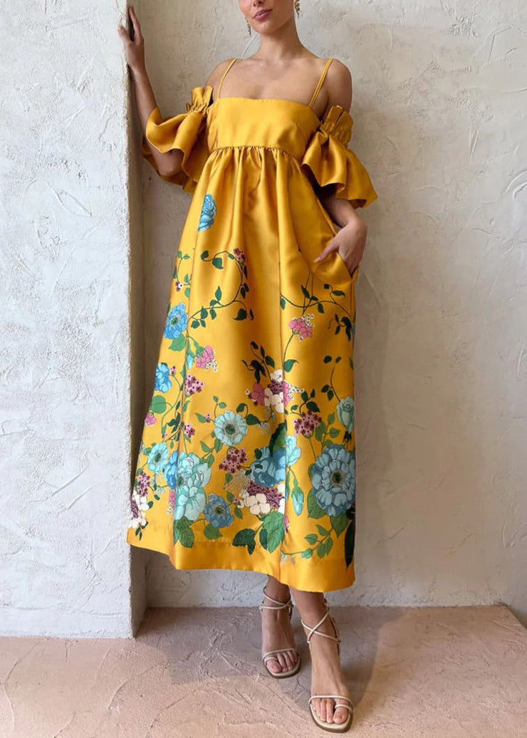 Novelty Yellow Print Pockets Cotton Spaghetti Strap Dress Flare Sleeve