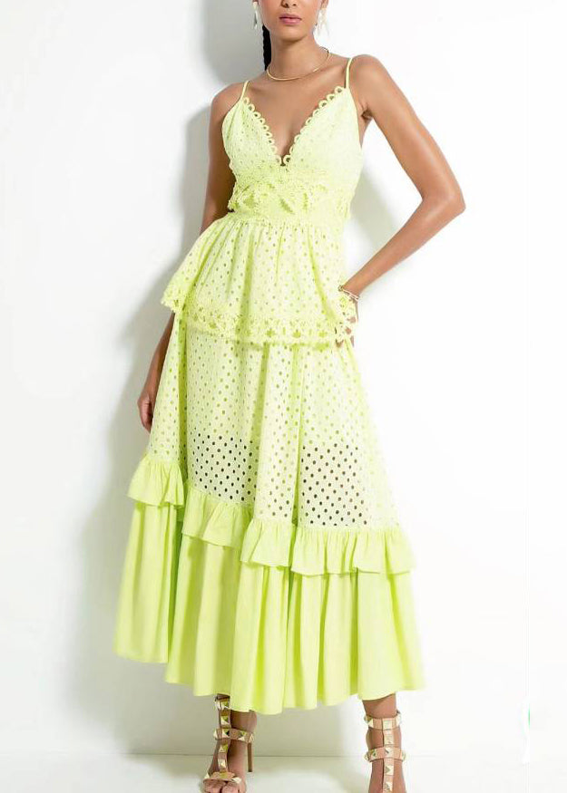 Novelty Yellow V Neck Hollow Out Cotton Spaghetti Strap Dress Sleeveless