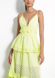 Novelty Yellow V Neck Hollow Out Cotton Spaghetti Strap Dress Sleeveless