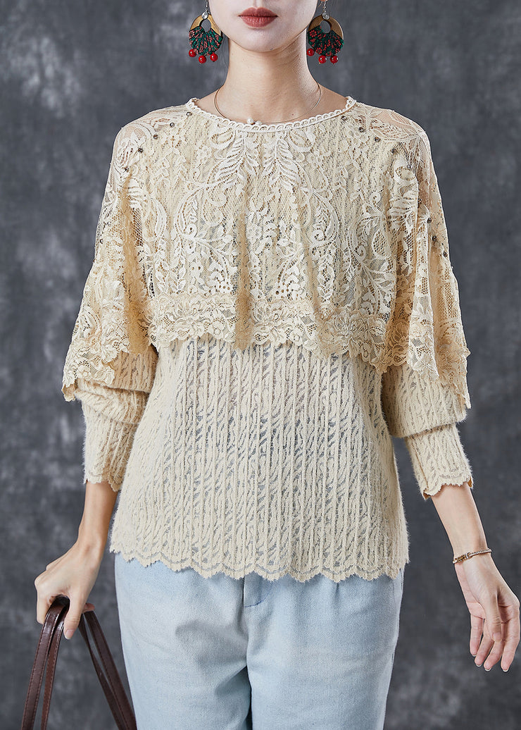 Nude Patchwork Lace Blouses Hollow Out Cloak Sleeves