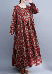 Loose Cotton and Linen Floral Print Dress Long Sleeve