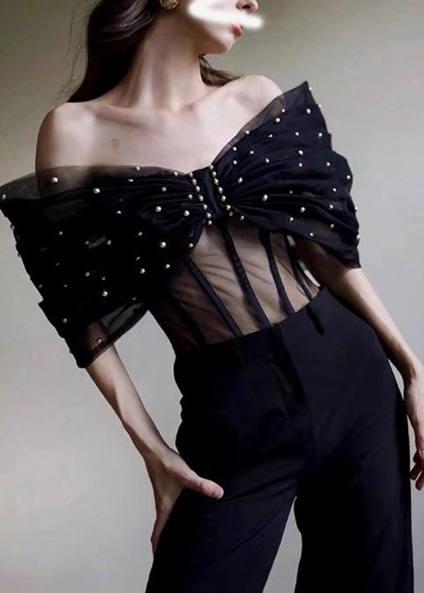One Shoulder Bow Black Chic Sexy Jumpsuit For Summer